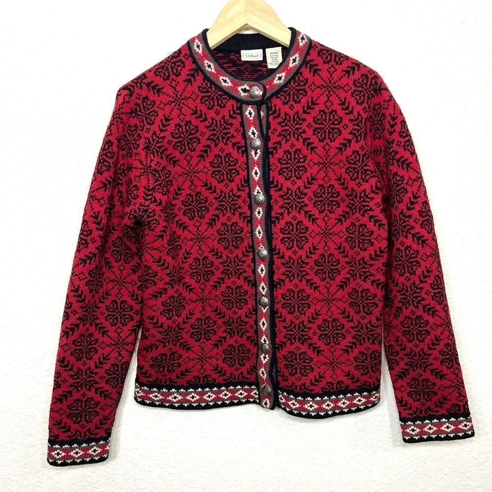 Vintage L.L Bean Wool Icelandic Red Cardigan Sweater Size S